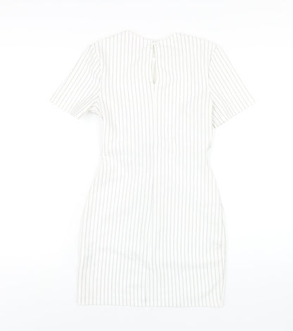 Miss Selfridge Womens White Striped Polyester Bodycon Size 6 Round Neck Button