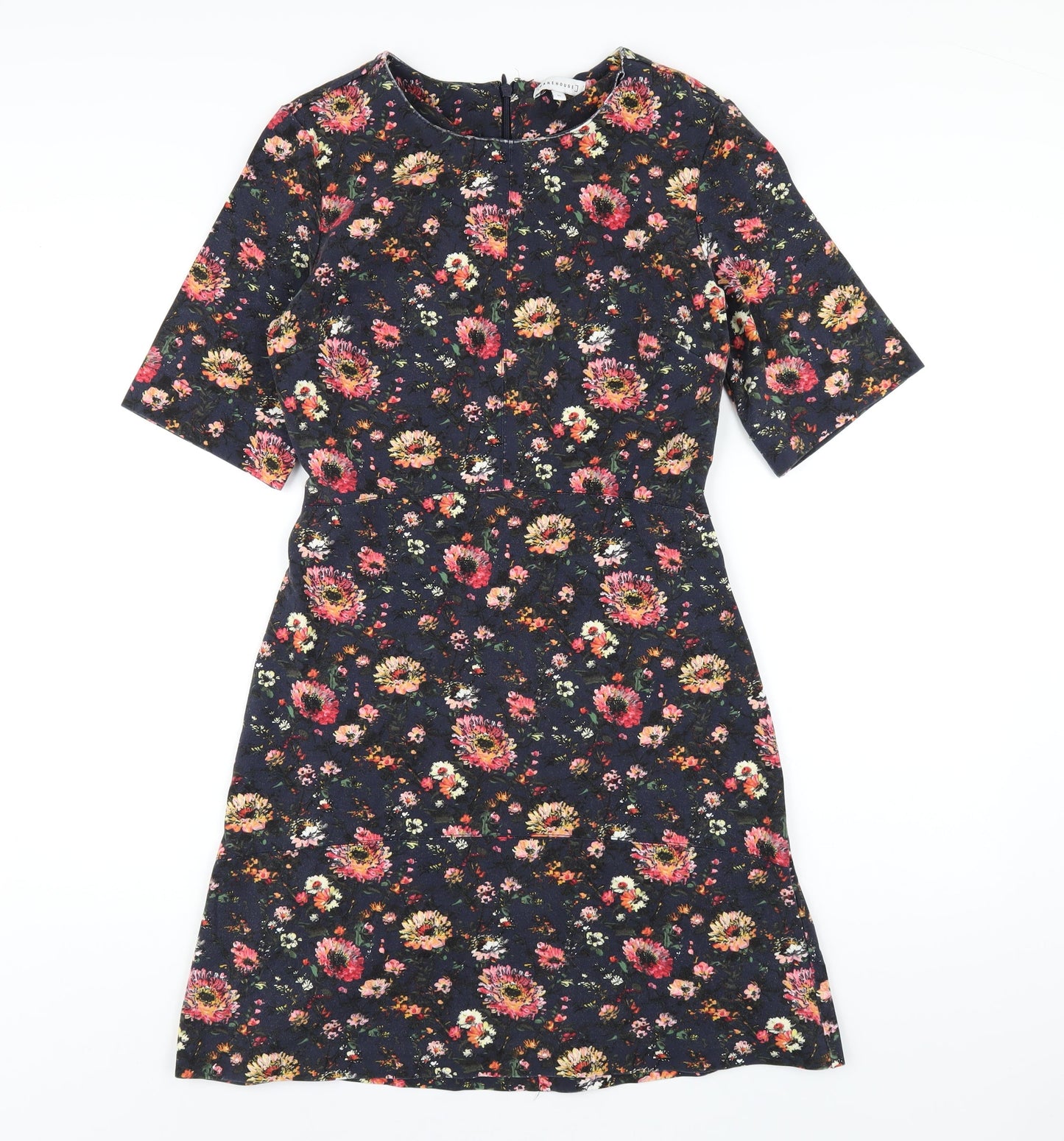 Warehouse Womens Blue Floral Viscose A-Line Size 10 Round Neck Zip