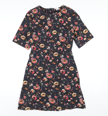 Warehouse Womens Blue Floral Viscose A-Line Size 10 Round Neck Zip