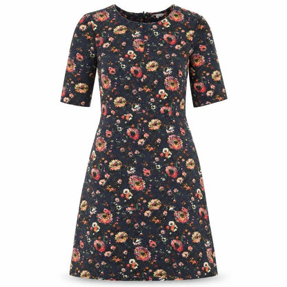 Warehouse Womens Blue Floral Viscose A-Line Size 10 Round Neck Zip