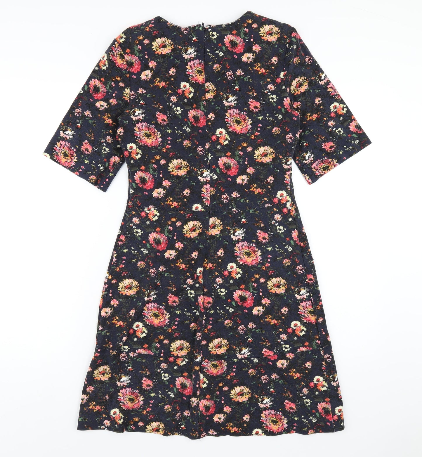 Warehouse Womens Blue Floral Viscose A-Line Size 10 Round Neck Zip