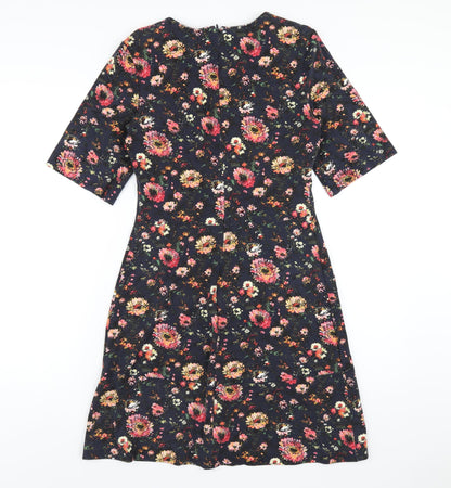 Warehouse Womens Blue Floral Viscose A-Line Size 10 Round Neck Zip