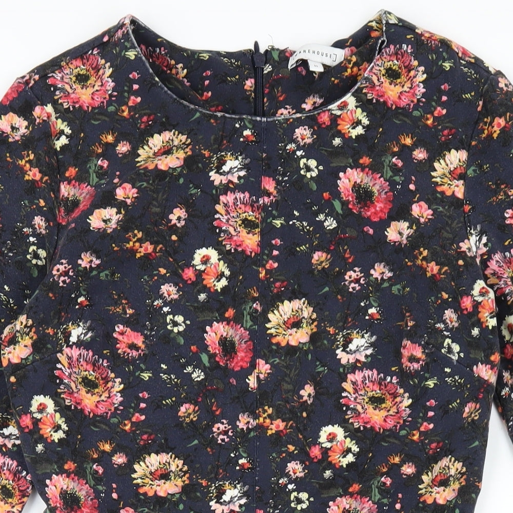 Warehouse Womens Blue Floral Viscose A-Line Size 10 Round Neck Zip