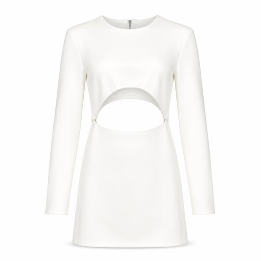 Front view of In the Style women’s white polyester mini, size UK 8, round neck zip - cut out suede effect