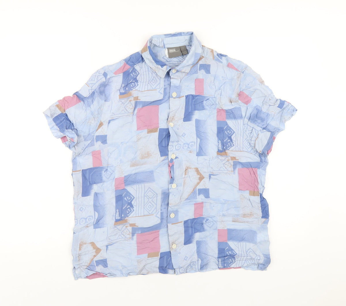 Additional front view of ASOS men’s blue geometric viscose button-up, size S, collared button