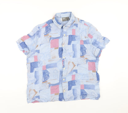 Additional front view of ASOS men’s blue geometric viscose button-up, size S, collared button