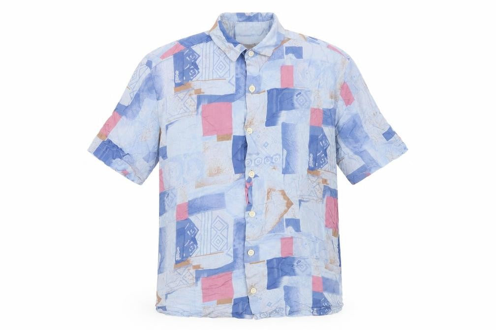 Front view of ASOS men’s blue geometric viscose button-up, size S, collared button