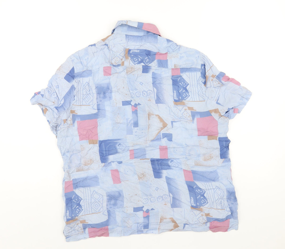 Back view of ASOS men’s blue geometric viscose button-up, size S, collared button