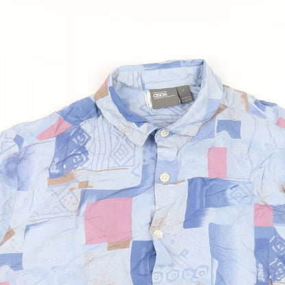 Close-up detail of ASOS men’s blue geometric viscose button-up, size S, collared button