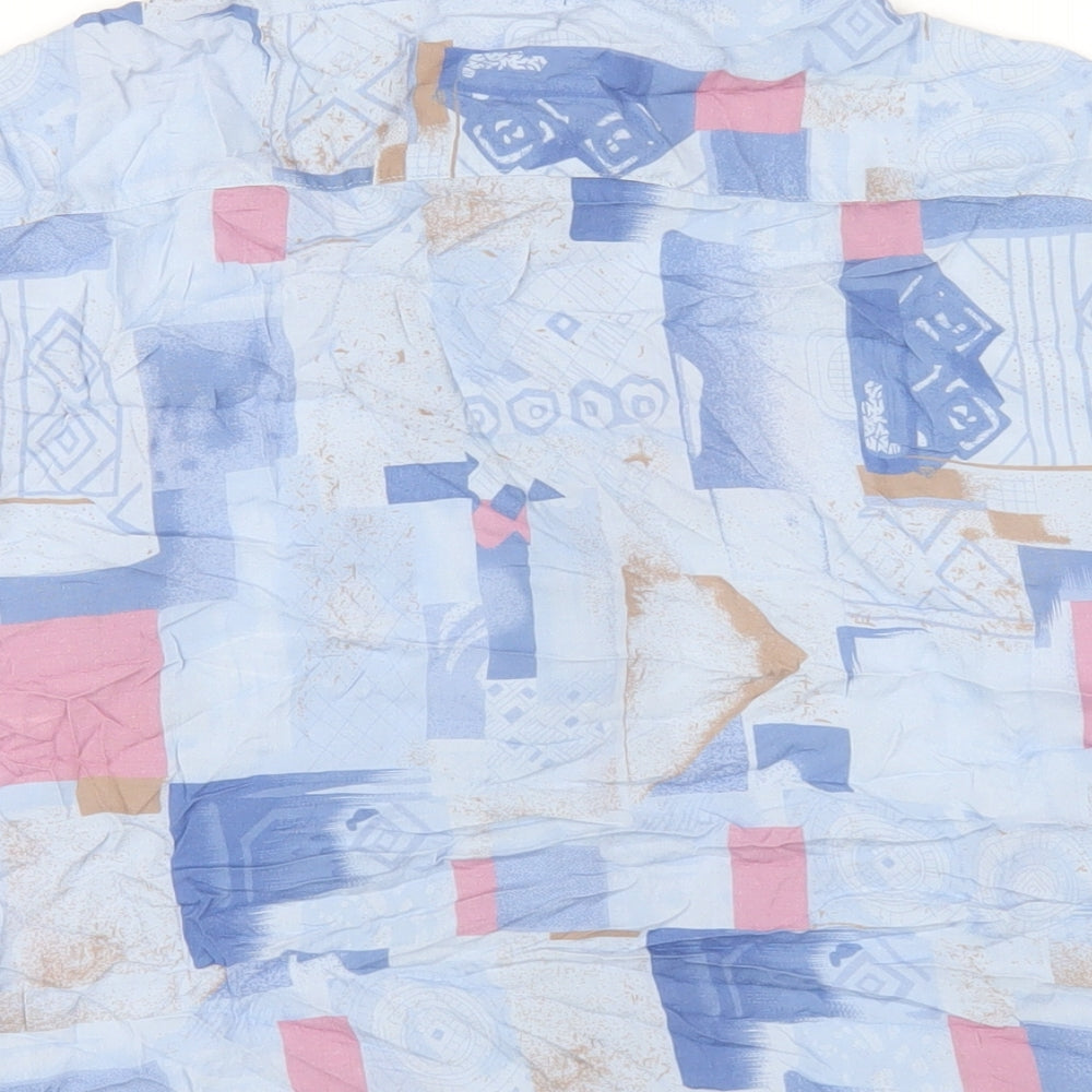 Brand and care label for ASOS men’s blue geometric viscose button-up, size S, collared button