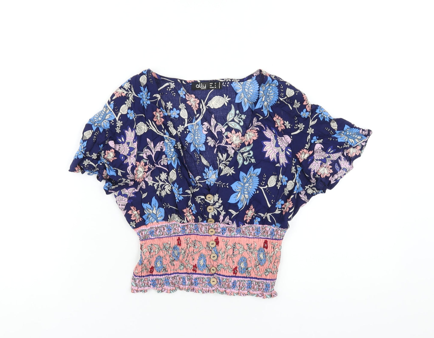 Ally Womens Multicoloured Geometric Viscose Cropped T-Shirt Size 10 V-Neck
