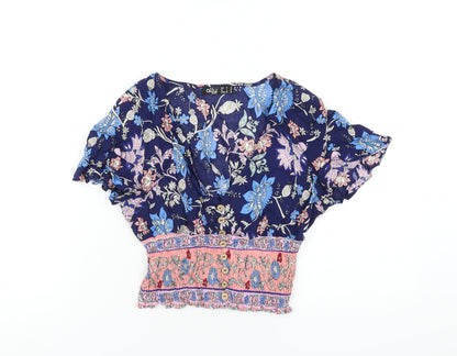 Ally Womens Multicoloured Geometric Viscose Cropped T-Shirt Size 10 V-Neck