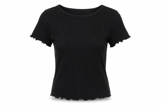Front view of ASOS women’s black cotton basic t-shirt, size UK 6, round neck