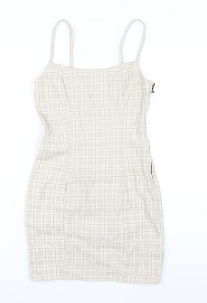 H&M Womens Beige Plaid Cotton Bodycon Size 8 Square Neck Zip