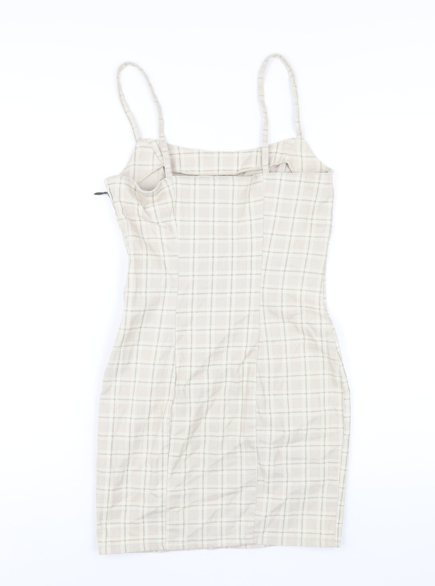H&M Womens Beige Plaid Cotton Bodycon Size 8 Square Neck Zip