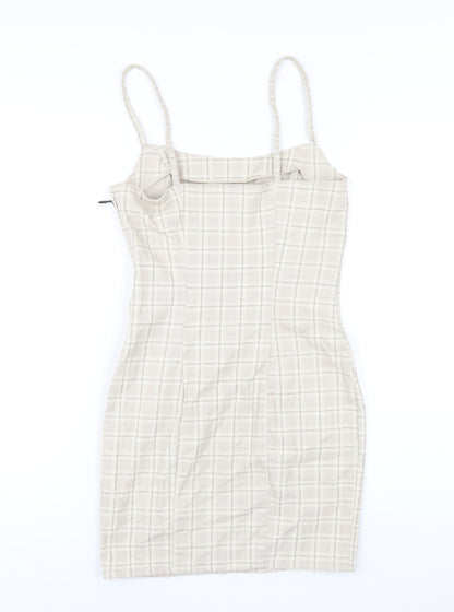 H&M Womens Beige Plaid Cotton Bodycon Size 8 Square Neck Zip