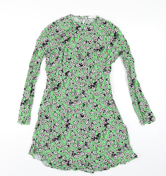Finery Womens Green Floral Viscose A-Line Size 10 Round Neck Zip