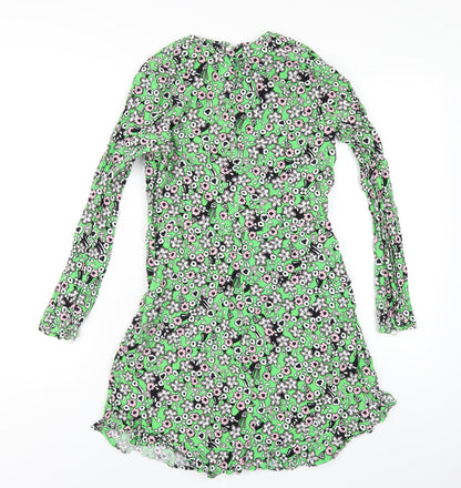 Finery Womens Green Floral Viscose A-Line Size 10 Round Neck Zip