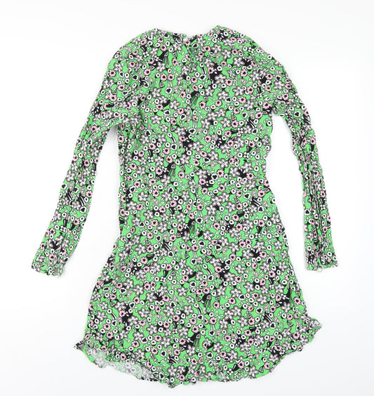 Finery Womens Green Floral Viscose A-Line Size 10 Round Neck Zip