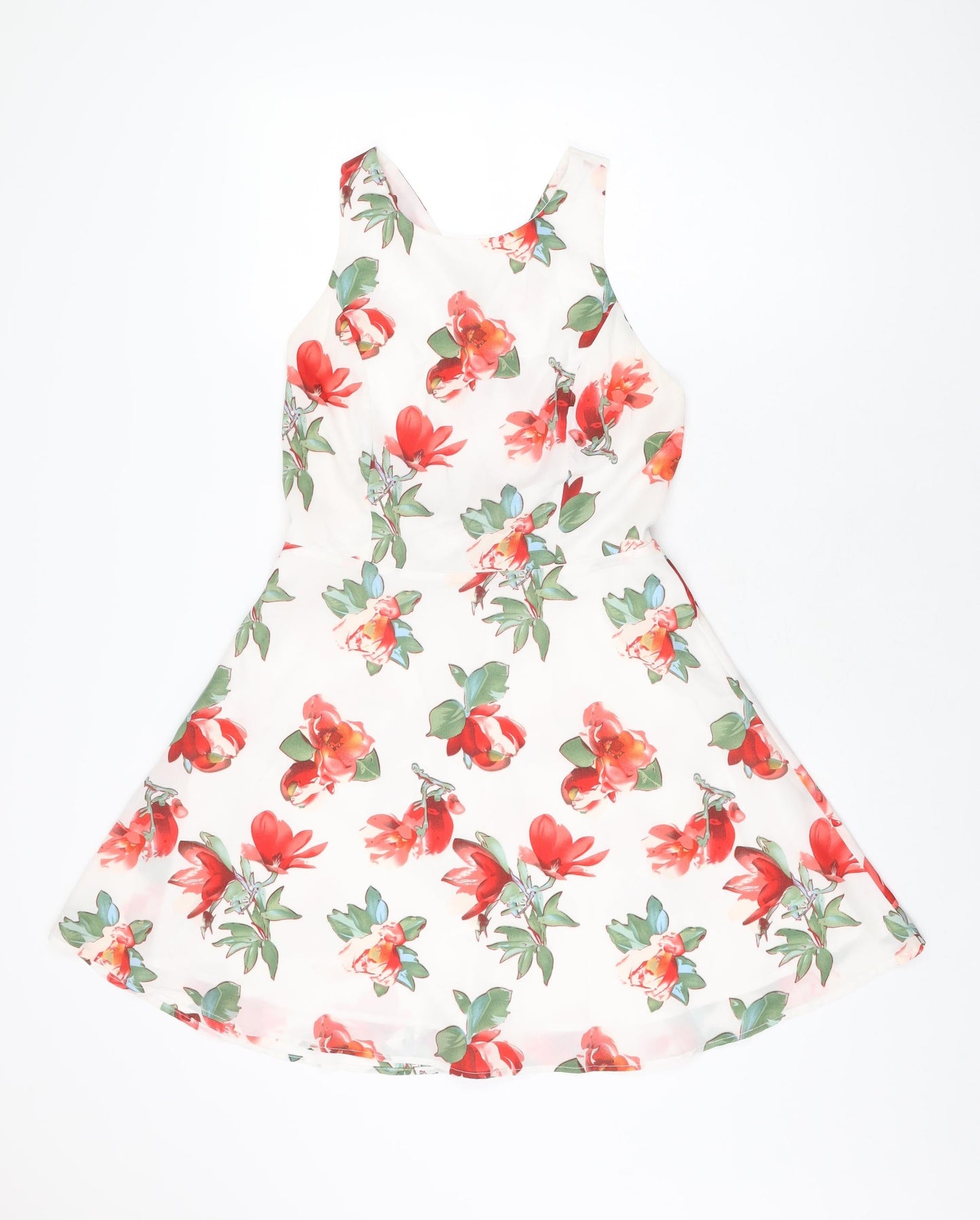 Luc-Ce Womens White Floral Polyester Skater Dress Size M Round Neck Zip