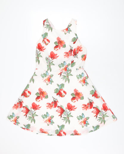 Luc-Ce Womens White Floral Polyester Skater Dress Size M Round Neck Zip