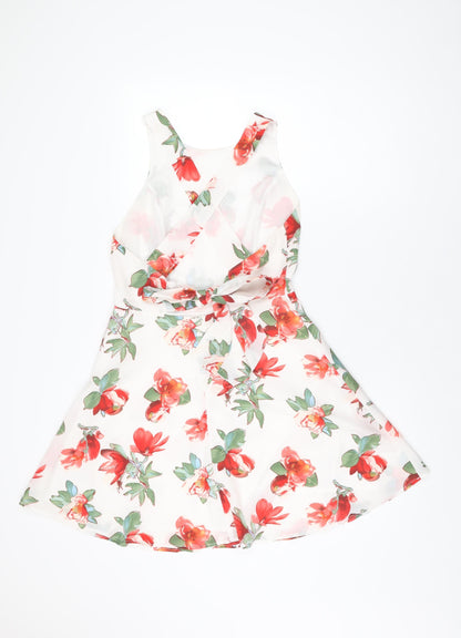 Luc-Ce Womens White Floral Polyester Skater Dress Size M Round Neck Zip