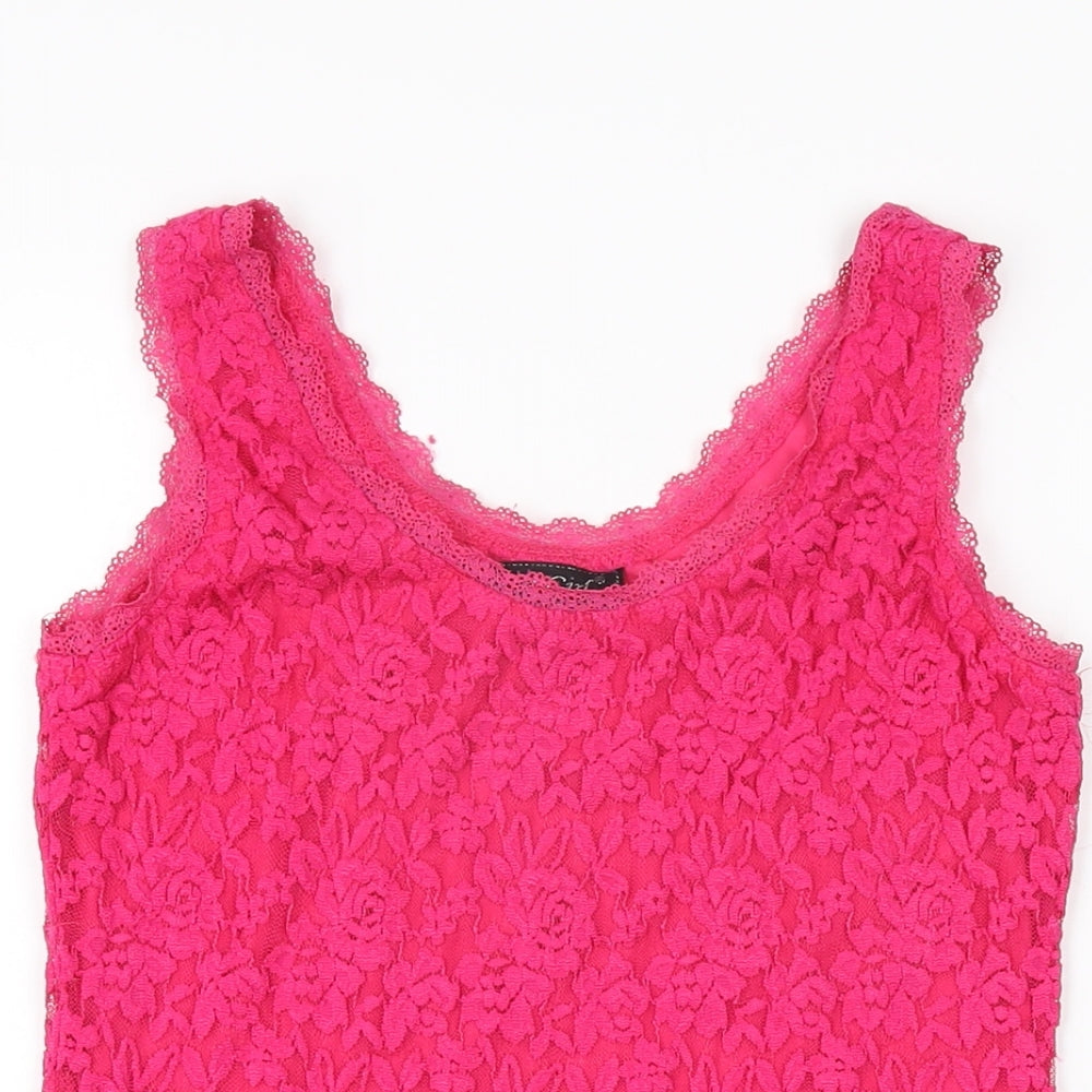 Sweet Girl Womens Pink Floral Polyester Basic Tank Size S Round Neck