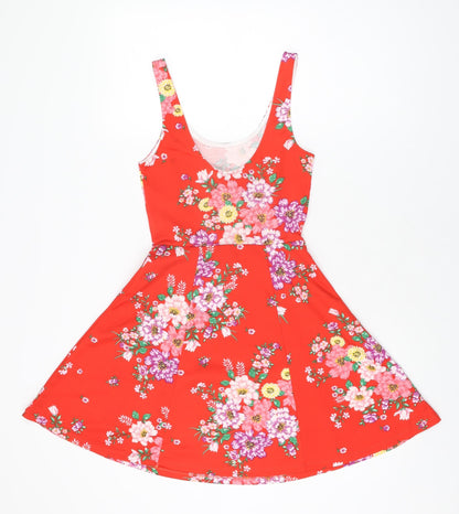 H&M Womens Red Floral Polyester Skater Dress Size 6 Scoop Neck Pullover