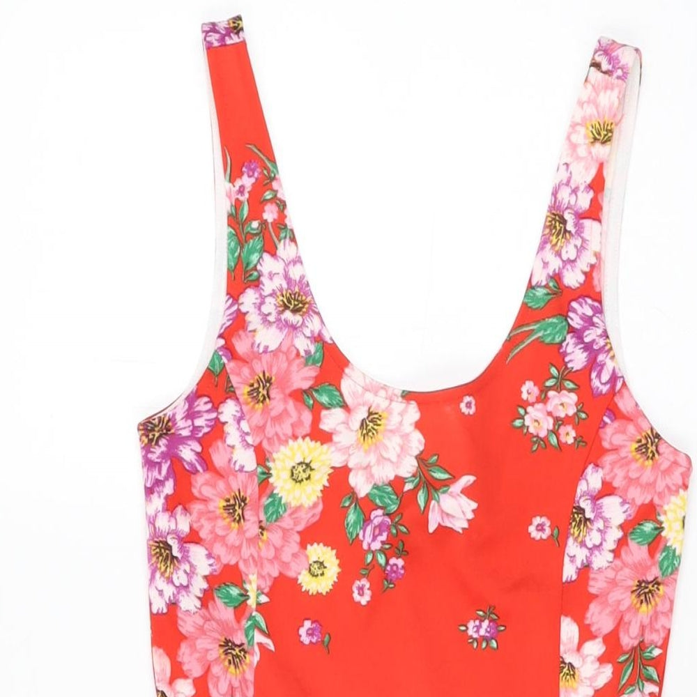 H&M Womens Red Floral Polyester Skater Dress Size 6 Scoop Neck Pullover