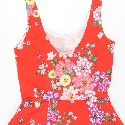 H&M Womens Red Floral Polyester Skater Dress Size 6 Scoop Neck Pullover