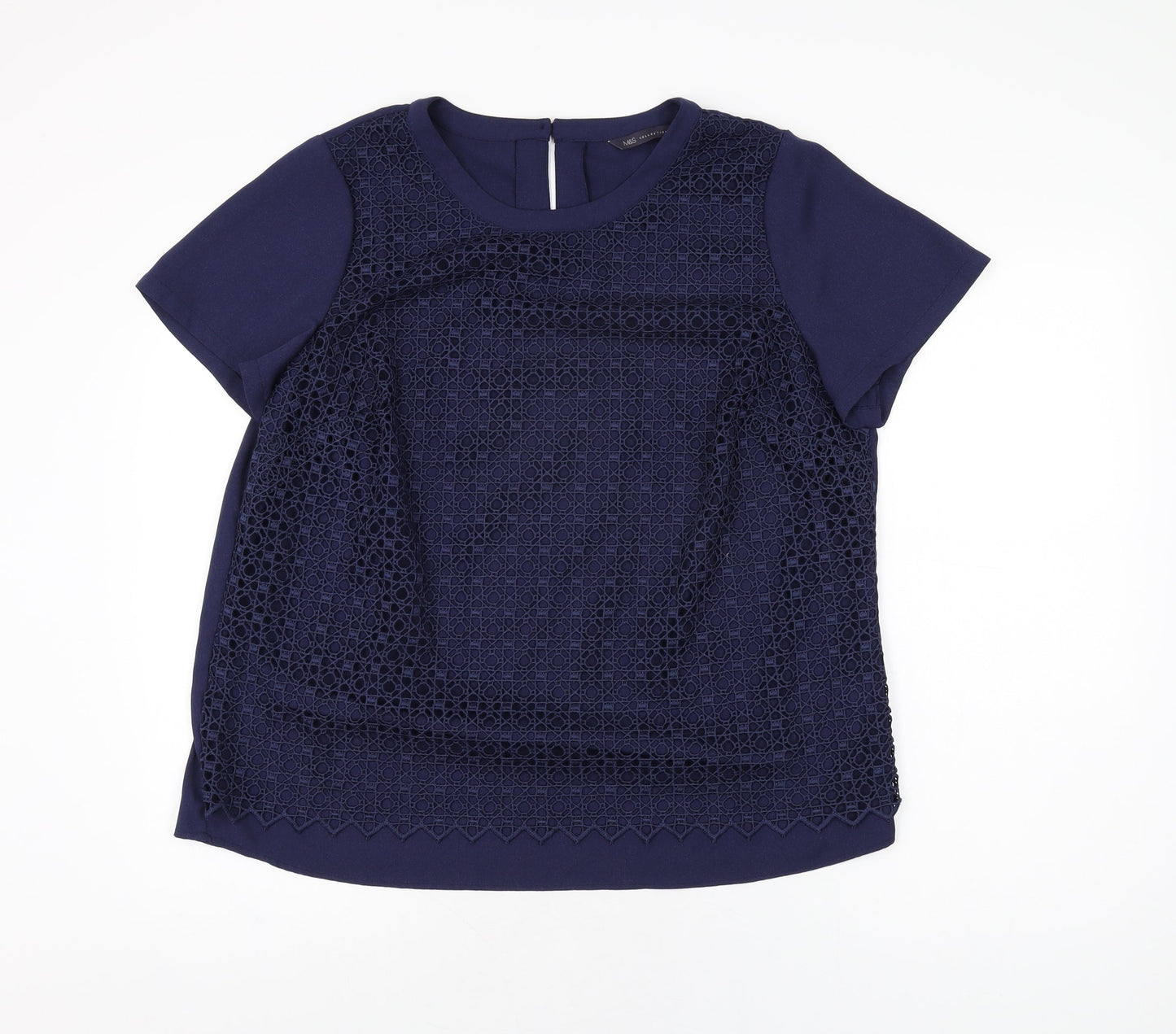 Marks and Spencer Womens Blue Geometric Polyester Basic T-Shirt Size 16 Round Neck