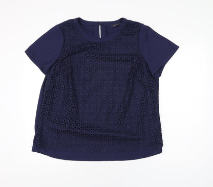 Marks and Spencer Womens Blue Geometric Polyester Basic T-Shirt Size 16 Round Neck