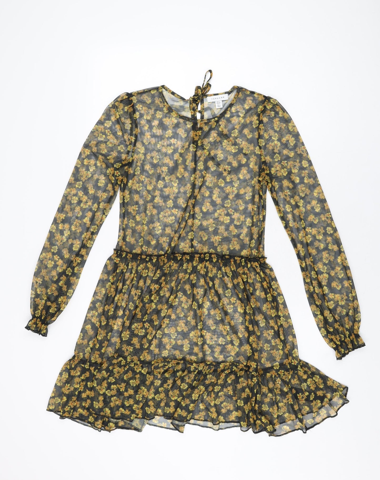 Topshop Womens Black Floral Polyester Skater Dress Size 6 Round Neck Tie