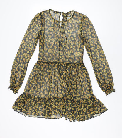 Topshop Womens Black Floral Polyester Skater Dress Size 6 Round Neck Tie