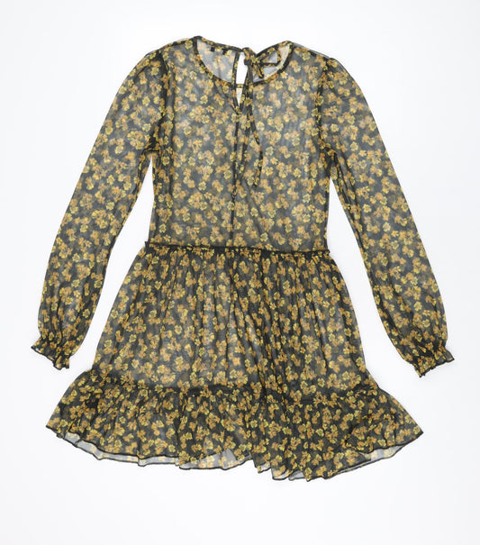 Topshop Womens Black Floral Polyester Skater Dress Size 6 Round Neck Tie