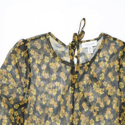 Topshop Womens Black Floral Polyester Skater Dress Size 6 Round Neck Tie