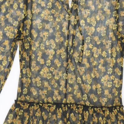 Topshop Womens Black Floral Polyester Skater Dress Size 6 Round Neck Tie