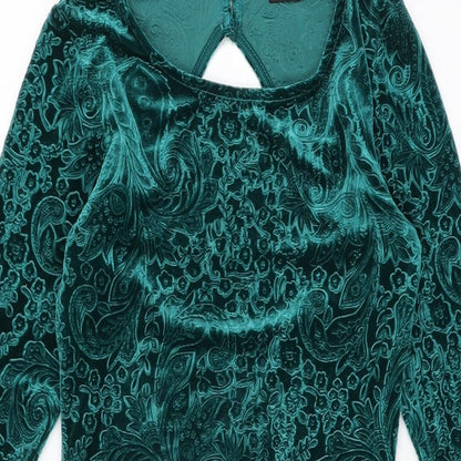 Miss Selfridge Womens Green Geometric Polyester Bodycon Size 8 Round Neck Button