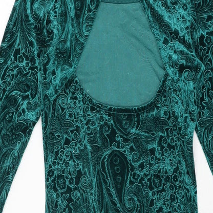 Miss Selfridge Womens Green Geometric Polyester Bodycon Size 8 Round Neck Button