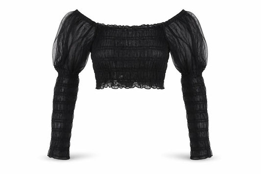 Front view of ASOS women’s black nylon cropped t-shirt, size UK 8, square neck