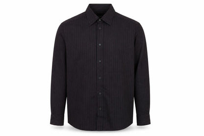 Front view of Autograph men’s purple striped polyester button-up, size M, collared button