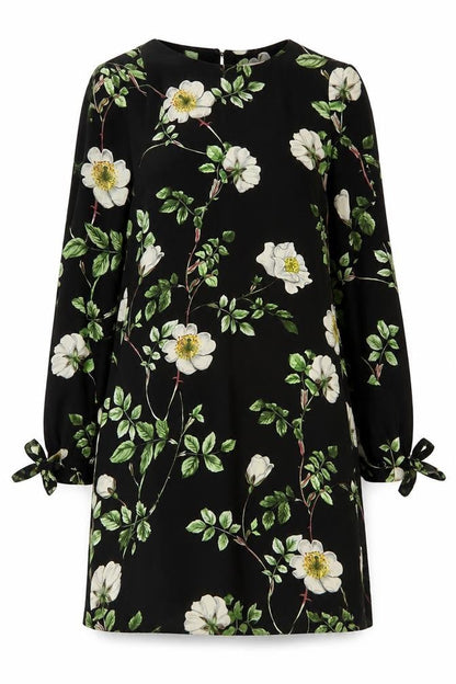 H&M Womens Black Floral Polyester A-Line Size 6 Round Neck Button