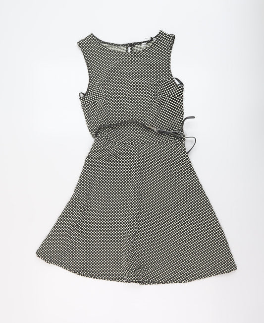 New Look Womens Black Geometric Polyester A-Line Size 8 Round Neck Button