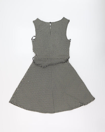 New Look Womens Black Geometric Polyester A-Line Size 8 Round Neck Button