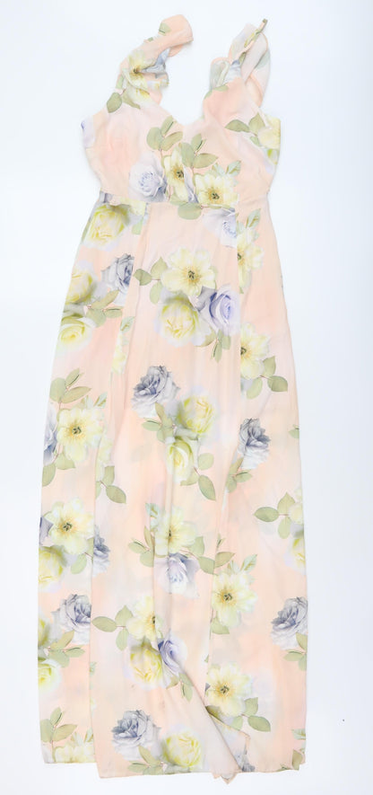 New Look Womens Pink Floral Polyester A-Line Size 8 V-Neck Zip