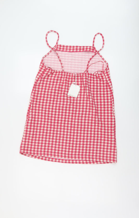 Zara Womens Pink Check Cotton Mini Size M Square Neck Pullover