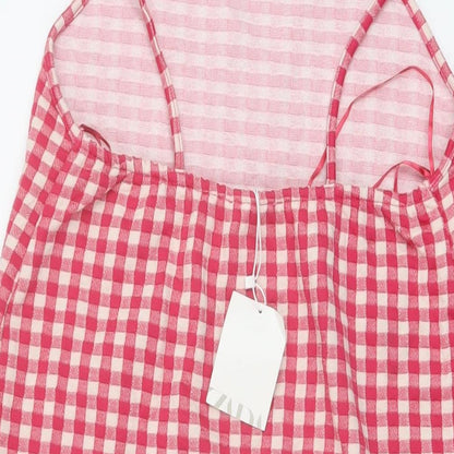 Zara Womens Pink Check Cotton Mini Size M Square Neck Pullover