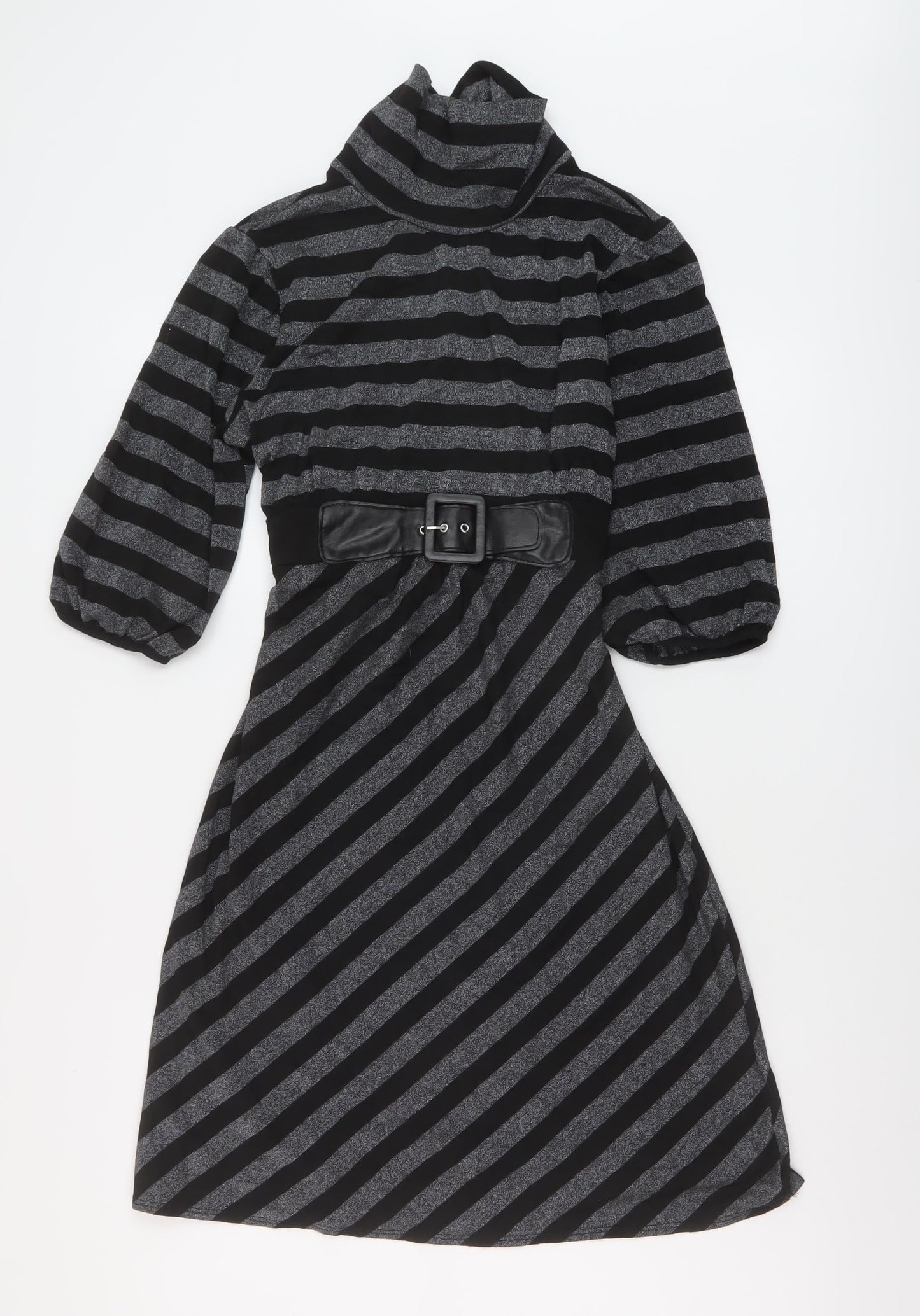 Dorothy Perkins Womens Black Striped Viscose A-Line Size 14 Mock Neck Button