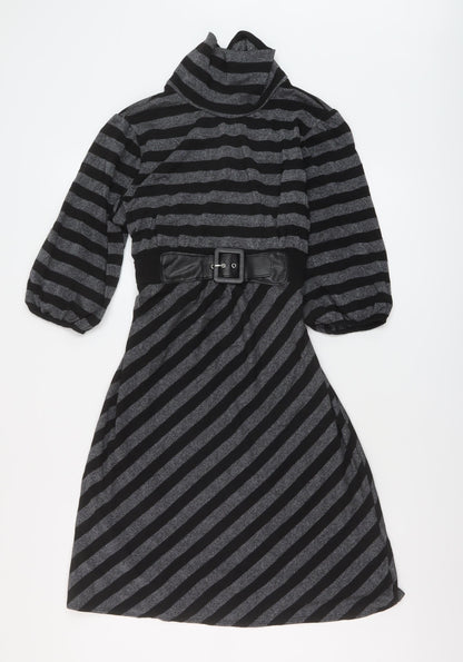 Dorothy Perkins Womens Black Striped Viscose A-Line Size 14 Mock Neck Button