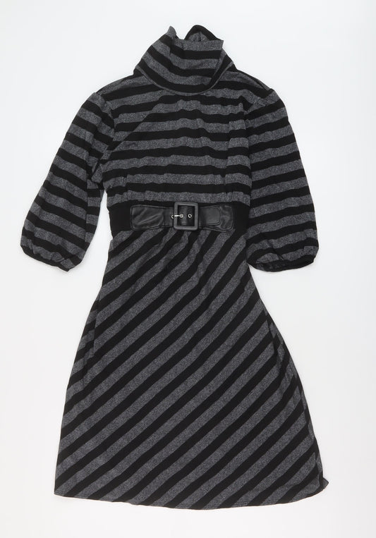 Dorothy Perkins Womens Black Striped Viscose A-Line Size 14 Mock Neck Button